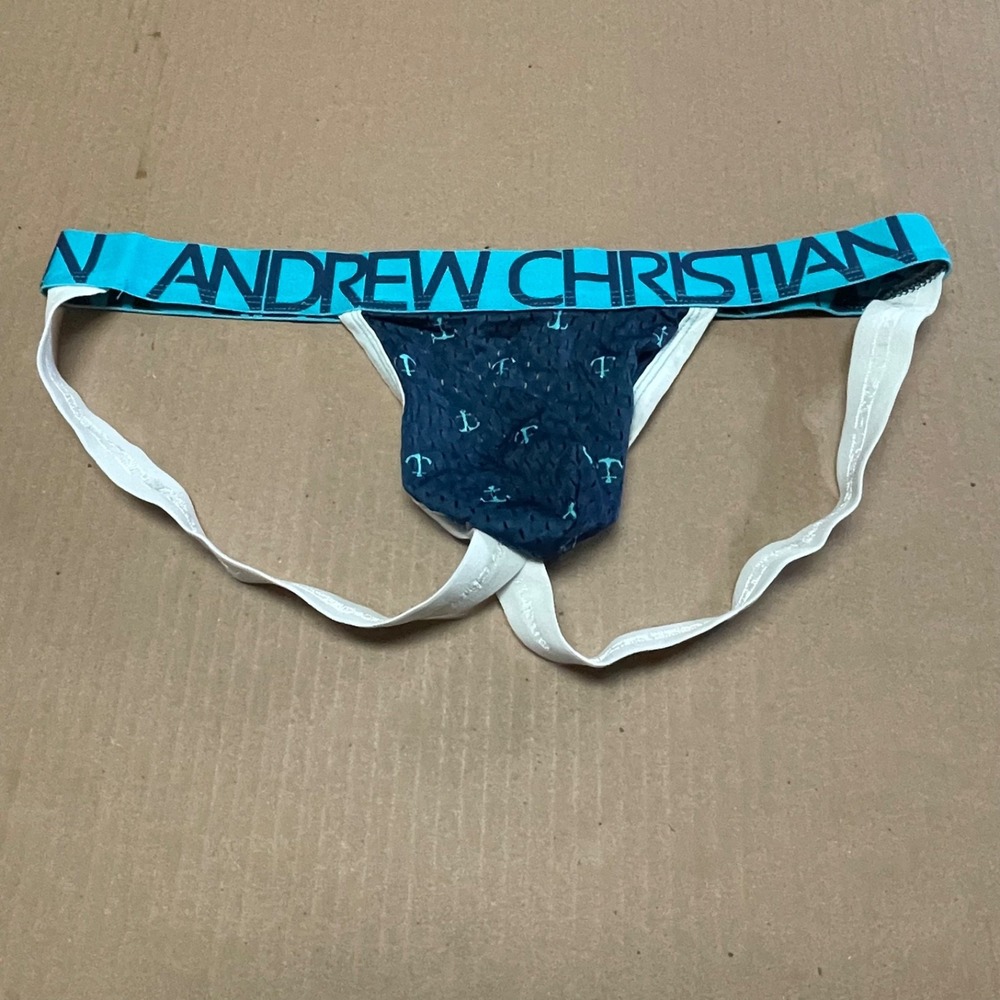 Andrew Christian NWOT Men L Navy Blue Mesh Teal Anchor Nautical Athletic Jockstr